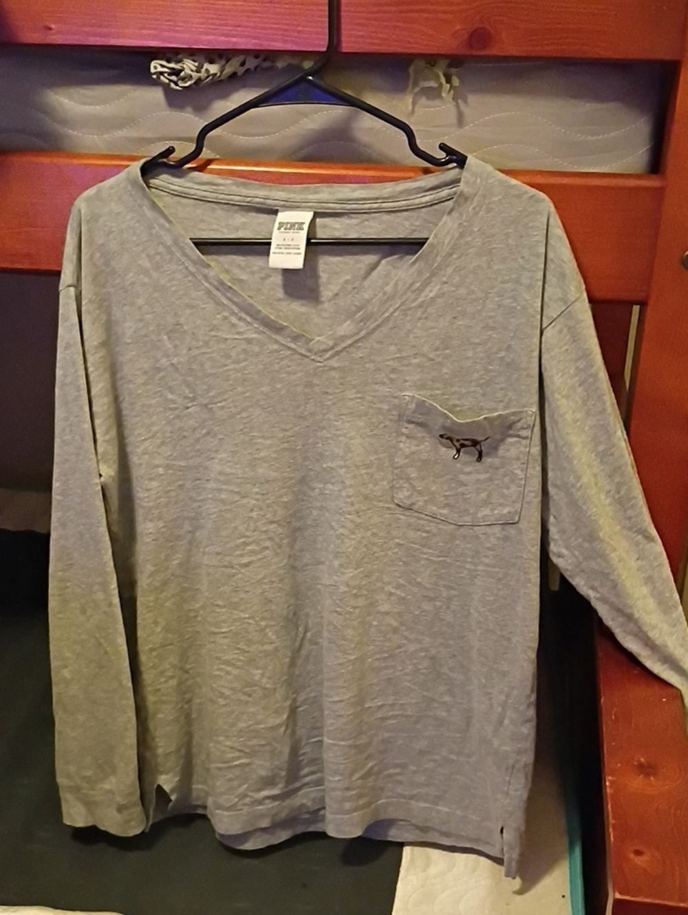PINK Victoria's Secret Gray V-Neck Long Sleeve Pocket Tee